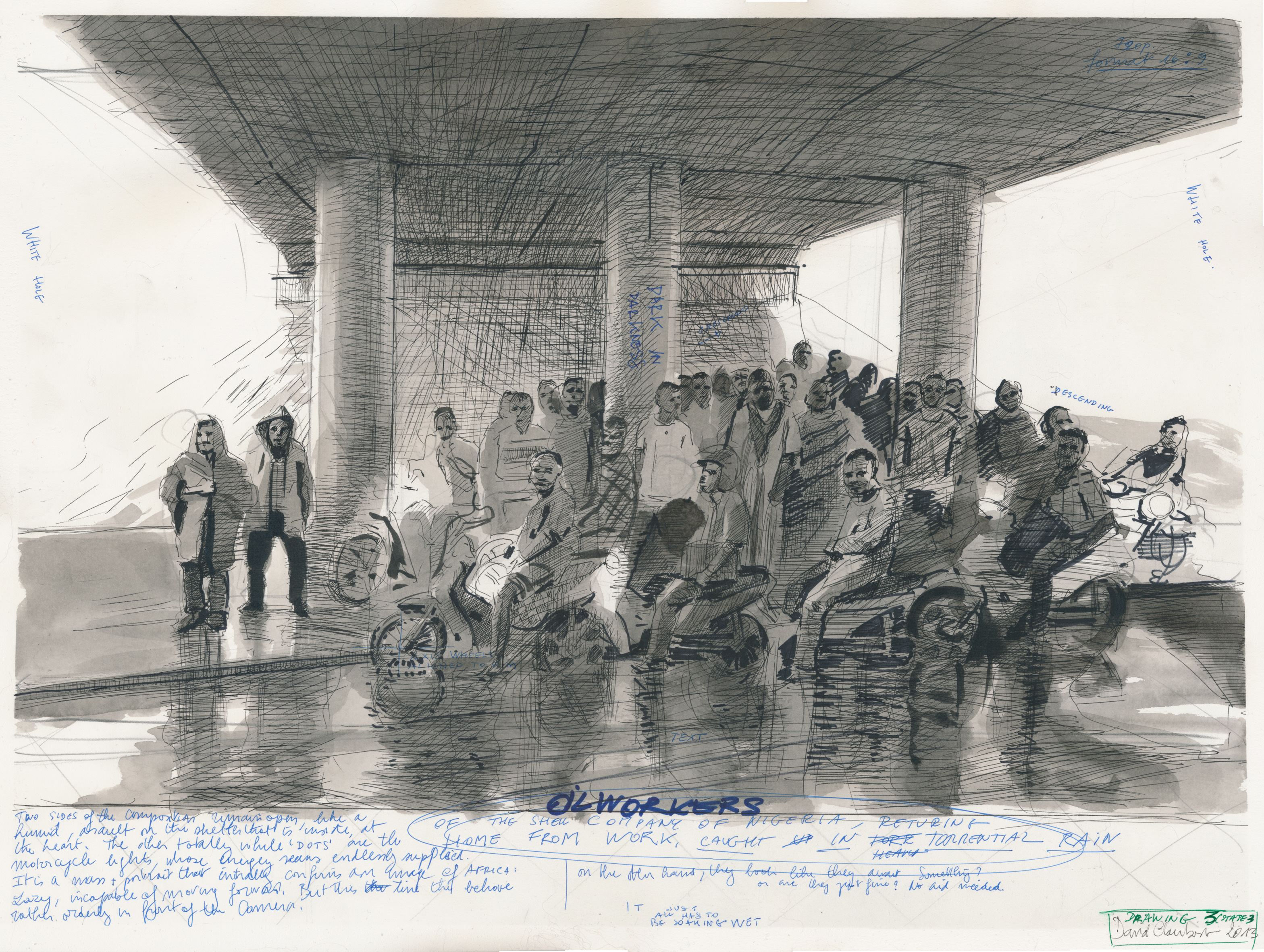 Oil Workers (Black and White Washed), 2013, washed ink and felt-tip pen. on paper, 46 x 61 cm